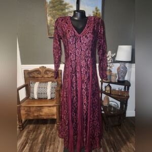 Nostalgia Burgundy Floral Lace Long Sleeve Dress